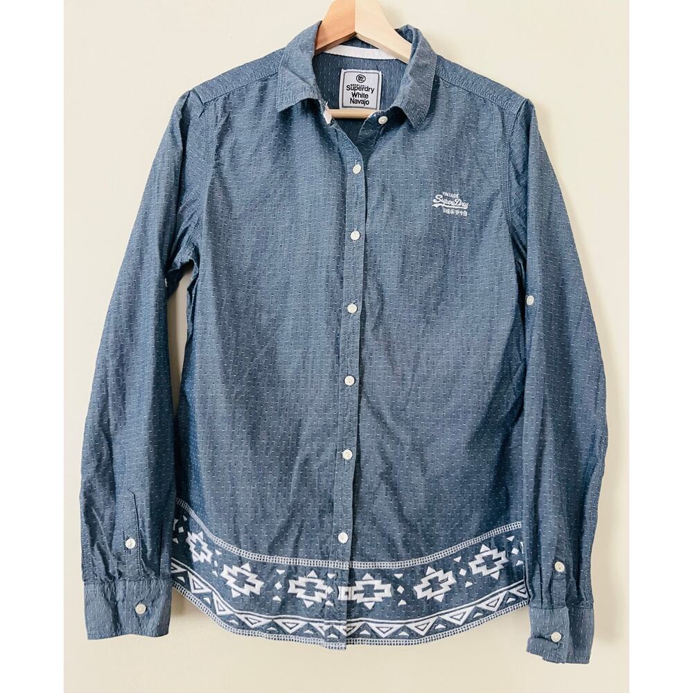 Superdry British Japan White Navajo Embroidered Chambray ButtonDown Shirt Top M
